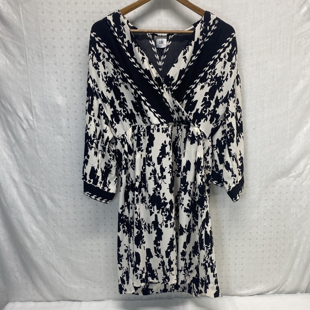 Cabi X-Factor Mini Dress Faux Wrap Kimono Style Black White Floral Waist Tie M